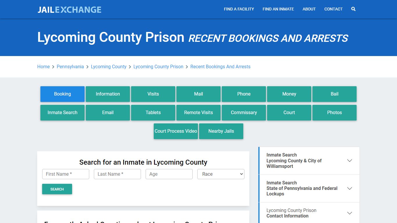 Lycoming County Prison Recent Bookings And Arrests - Jail Exchange