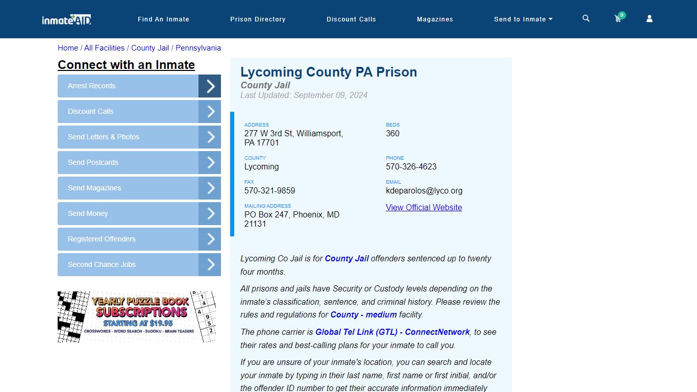 Lycoming County PA Prison - Inmate Locator